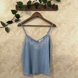 Sweet Wanderer - Women Size M - Chambray Tank with White Floral Embroidery